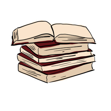 collection of vintage red books. open book cartoon sketch on a white background