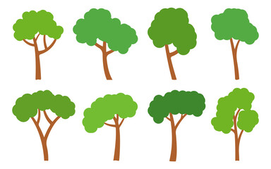 Green trees flat icon set. Forest foliage landscape floral outdoor element. Different shape botanical park cartoon plants. Natural ecology summer garden. Maple oak birch aspen ash isolated on white