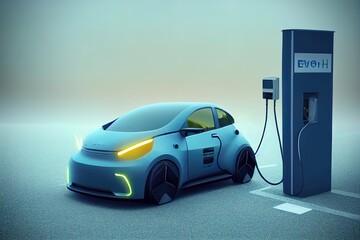 EV Electric car silhouette with low battery charging at electric charge station. 3d render and illustration.