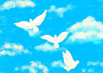 パステル風で、青い空を3羽の白い鳩が自由に羽ばたく