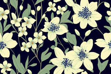Blooming spring or fall meadow seamless pattern. Plant background for fashion, wallpapers, print. Blue and green flowers on navy. Liberty style floral. Trendy floral design