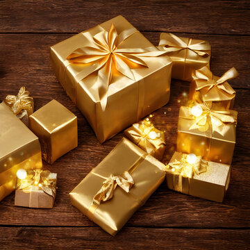 golden christmas gift bpxes or present on wooden table. shiny magical boxes 
