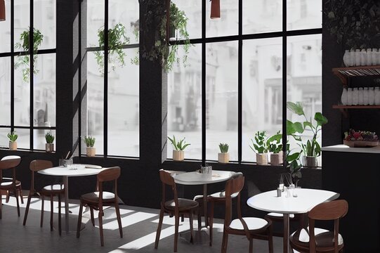 Realistic 3D render interior design of a bistro cafe with white counter, bakery display, long wooden counter with high chairs by the window. Morning Sunlight, Hanging plants, Coffee shop, Background.