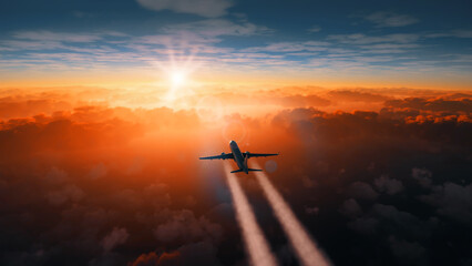 Cinematic view of a commercial airplane making a flight above clouds making a contrail at sunset. Far shot of a cargo aircraft traveling above orange clouds making a smoke out of engines. © Ahmad