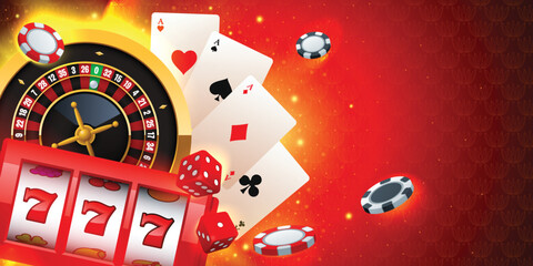 Banner illustration with roulette wheel, slot machine, playing cards, casino chips and dices on a red hot background.. Vector illustration