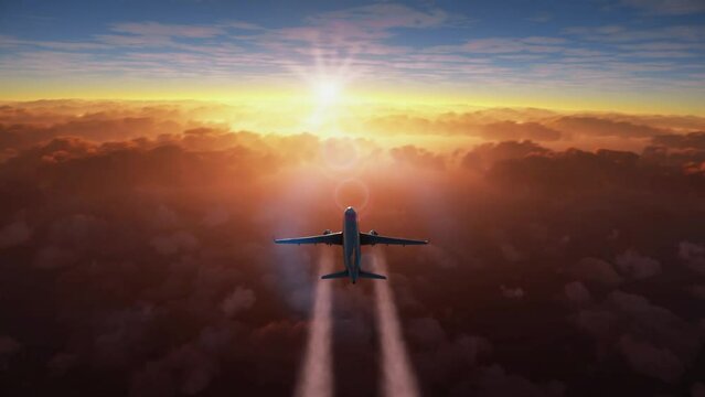 Cinematic view of a commercial airplane making a flight above clouds making a contrail at sunset. Cargo aircraft traveling above orange clouds making a smoke out of engines.