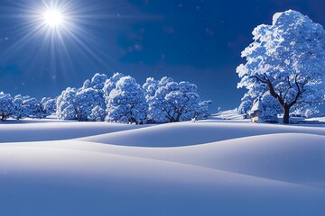 BRIGHT SNOW BACKGROUND WITH SUN SHINE AND CLEAR BLUE SKY, OUTDOOR WINTER BACKDROP - obrazy, fototapety, plakaty