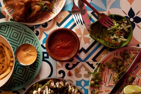 Authentic Mexican salsa and food on a table at a party