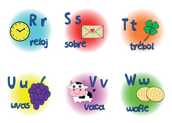 six letters of spanish alphabet with upper and lower case letters and example words with pictures; vector design for teachers, schools, lessons