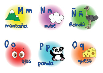 six letters of spanish alphabet with upper and lower case letters and example words with pictures; vector design for teachers, schools, lessons