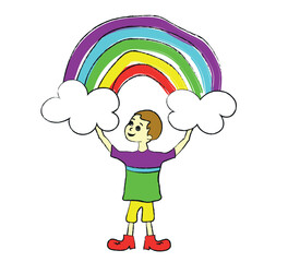 colorfully dressed cartoon boy holding clouds and rainbow over his head; vector design for fashion and poster prints, sticker