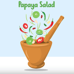 Ingredients of papaya salad, Thai food and wooden mortar and pestle with sliced chili, tomato, lime, garlic, chilli, papaya - Vector Illustration