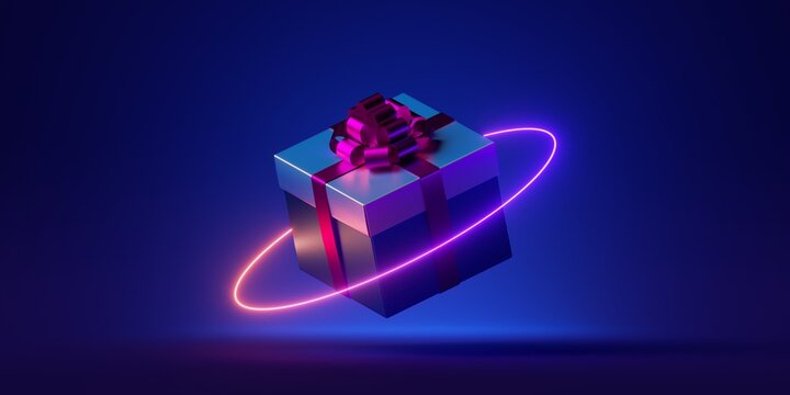 3d render, neon ring and gift box levitate over blue background. Futuristic Christmas ornament concept, festive minimalist wallpaper