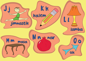part of turkish alphabet with upper and lower case letters and example words with pictures; vector design for teachers, schools, lessons