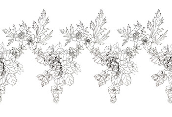 Seamless rim hand-drawn black lines branch with apple blossoms on white background. Spring aromatic flowers. Lush foliage for romantic celebration. Border for wedding or 8 March. Wrapping, sticker