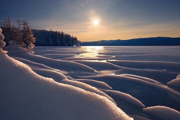 Ice on Lake Baikal, winter nature. Sun landscape.