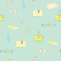 seamless pattern of items like a cup of coffee, books, glasses, musical notes, treble clef and sunday text; vector design for fashion and poster prints, backdrop, sticker, wall art