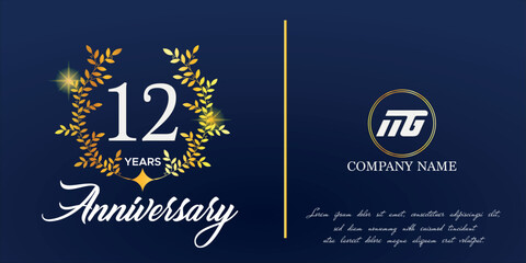Obraz na płótnie Canvas 12th anniversary logo with elegant ornament monogram and logo name template on elegant blue background, sparkle, vector design for greeting card.