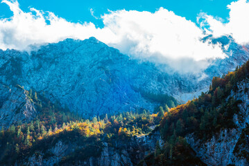 View of mountain peaks in Logar valley or Logarska dolina, Alps of Slovenia