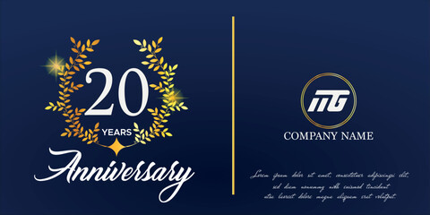 20th anniversary logo with elegant ornament monogram and logo name template on elegant blue background, sparkle, vector design for greeting card.