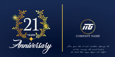 21st anniversary logo with elegant ornament monogram and logo name template on elegant blue background, sparkle, vector design for greeting card.