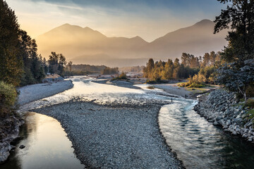Chilliwack River Sunrise on the First day of Autumn from the Vedder bridge in Chilliwack, BC, Canada.
