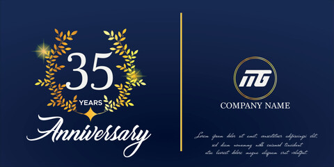 35th anniversary logo with elegant ornament monogram and logo name template on elegant blue background, sparkle, vector design for greeting card.