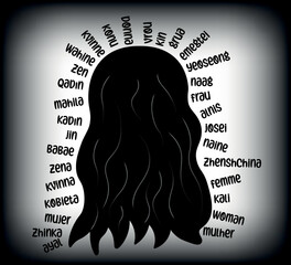 black, long, wavy hair with the word woman in 31 languages