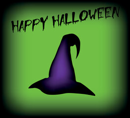 purple and black witch hat, with happy halloween text on a green background; vector design for fashion and poster prints, wall art, sticker