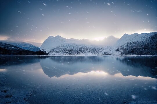 A view of mountains covered by snow at Oltedalsvatnet lake during winter season, Gjesdal commune, Norway, February 2018