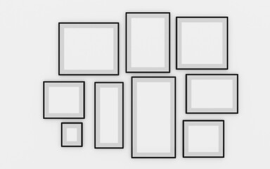 Black frames collection, nine blank frameworks set isolated on white wall, interior decor mock up, 3d rendering.