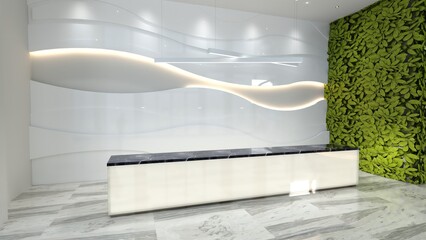 Reception in new office. Blank of corporate style, wood white wall. Green plant wall office concept. 3d rendering.