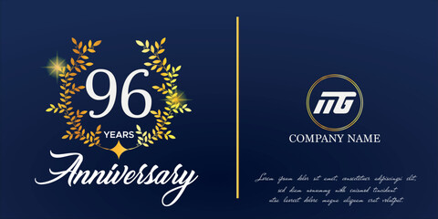 Fototapeta na wymiar 96th anniversary logo with elegant ornament monogram and logo name template on elegant blue background, sparkle, vector design for greeting card.