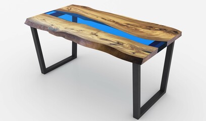 Wooden lacquered table with black metal legs on white background. The table perspective made of epoxy resin and wood. 3d rendering.