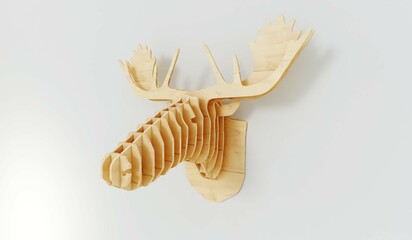 Obraz premium Wooden deer head isolated on white with clipping path. 3d rendering. 