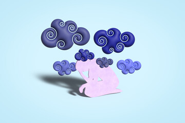Brain Fog, depression, anxiety,  illustration, female kneeling with stylised fog clouds, long covid, menopause, confusion, loss of concentration, dementia concept. 3D illustration
