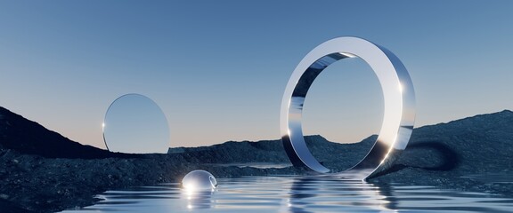 3d render, abstract minimalist background, futuristic landscape, fantastic seascape with calm water, polished chrome ring and silver ball under the plain gradient sky. Fantasy panoramic wallpaper