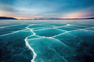 Man tourist walking on the ice of Baikal lake. Winter landscape of Baikal lake, Siberia, Russia. Blue transparent cracked ice and the blue sky. - obrazy, fototapety, plakaty