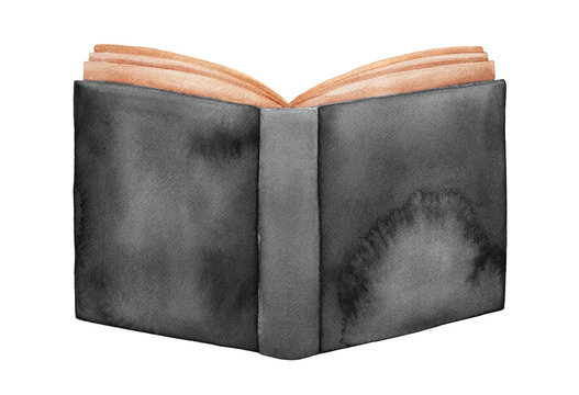 Watercolor illustration of old distressed book with black cover. Hand painted watercolour drawing with artistic brush strokes on white background, isolated clipart element for design, card, banner.