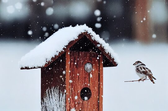 Winter scene with snow and birds. Peaceful and tranquil snowy winter photo of House sparrows in birdhouse.