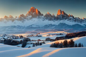 Christmas postcard. Bright winter view of Alpe di Siusi village with Plattkofel peak on background. Incredible morning scene of Dolomite Alps. Spectacular winter landscape of Ityaly, Europe. - obrazy, fototapety, plakaty