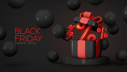 Black friday sale promo background. Realistic 3d design in cartoon style, dark stage podium, round studio for sales. Black open gift box with balloons. Web poster, holiday banner. vector illustration - obrazy, fototapety, plakaty