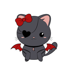 Czarny kotek w stylu goth. Uroczy gotycki kot z przepaską na oko w kształcie serca, z kokardką i skrzydłami nietoperza. Słodka ilustracja wektorowa.