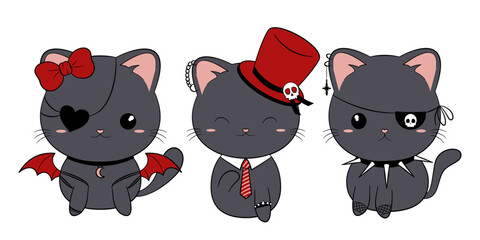 Czarny kot. Trzy urocze gotyckie kotki. Zwierzęta w stylu kawaii z gotyckimi dodatkami. Ilustracja wektorowa. - obrazy, fototapety, plakaty