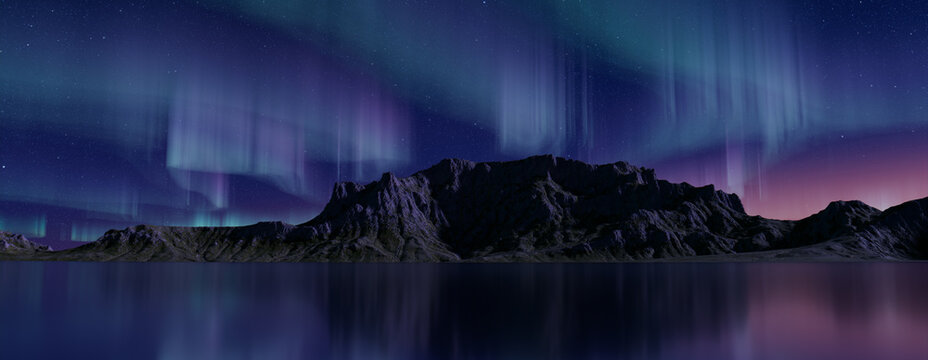 Blue Aurora Lights over Rugged Terrain. Majestic Northern Lights Background with copy-space.