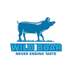 blue wild pig logo, silhouette of smiling big boar standing vector illustrations