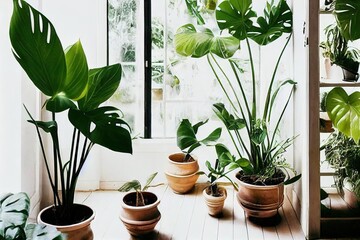 Home garden in retro style. Scandinavian interior design of winter indoor garden with houseplants. Old house orangery with potted tropic flowers, monstera, ceramic pots in boho. Greenhouse concept - obrazy, fototapety, plakaty