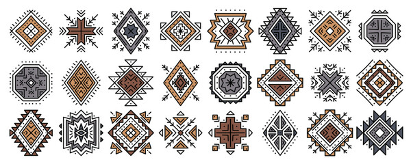 Aztec abstract geometric elements. Set of ethnic ornaments. Tribal design, geometric symbols for tattoo, cards, decorative works for design logo, cards, backgrounds. Navajo motifs - obrazy, fototapety, plakaty