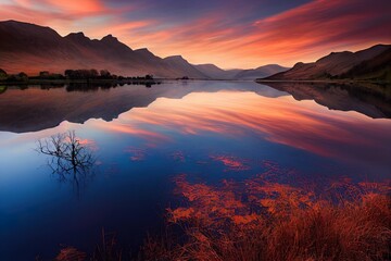 Vibrant orange sunrise with moving clouds and snowcapped mountains reflecting in calm still water with lonely tree in foreground at Buttermere, Lake District, UK.