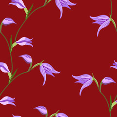 Vector floral seamless pattern on red background blue flowers with buds for fabric design